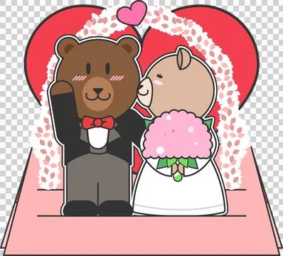 Flat design bear and pig couple are standing on pink aisle before heart-shaped Ilustração Stock