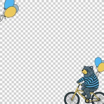 Flat design bear riding yellow bike with three colorful balloons on strings, Stock Illustration
