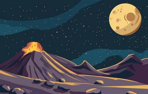 Flat Design of Beautiful Landscape in Outer Space with Fiery Volcanic Mount.. Illustrazione stock