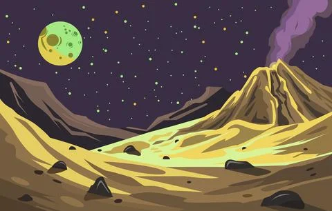 Flat Design of Beautiful Landscape in Outer Space with Smoky Volcanic Mount.. Illustrazione stock