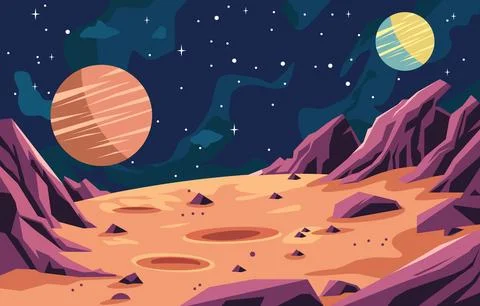 Flat Design of Beautiful Landscape in Planet Surface with Rock Stone in Out.. Stock Illustration