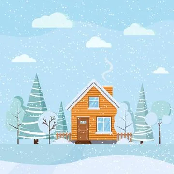 Flat design beautiful winter landscape with wooden rural house with chimney C Stock Illustration