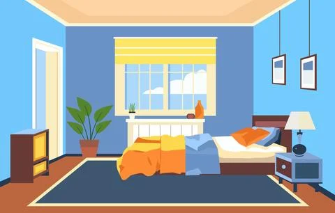 Flat Design of Bedroom Interior with Bed Furniture and Window in Home Stockillustratie