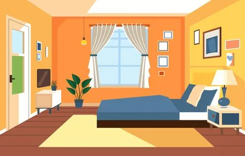 Flat Design of Bedroom Interior with Bed Furniture and Window in Home 스톡 일러스트
