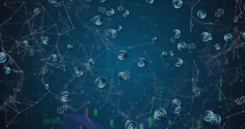 Flat design Bitcoin and dollar spheres drifting through blue network mesh, Stock Footage 307441915