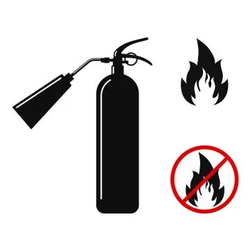Flat design black fire extinguisher with nozzle silhouette icon, fire and no  Stock Illustration