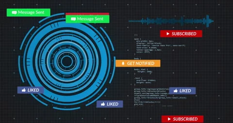 Flat design blue concentric interface spinning left, showing code blocks Stock Footage 309093008
