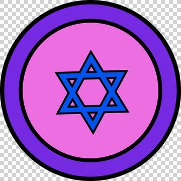Flat design blue six-pointed star is shining on pink disc with purple ring on Stock Illustration