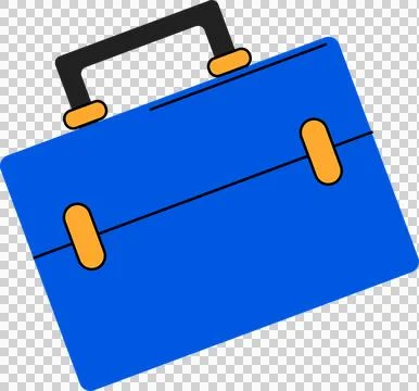 Flat design blue toolbox is tilting with black handle and yellow latches, Stock Illustration