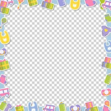 Flat design border is featuring bibs, pacifiers around teal center on clear Stock Illustration