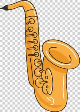 Flat design brass saxophone is floating diagonally on transparent background, Stock Illustration