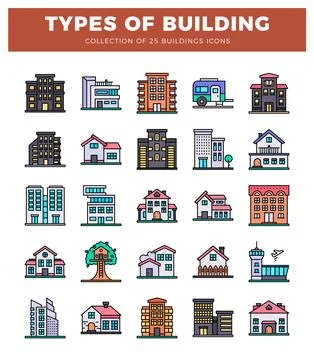 Flat design building icon collection with urban and residential structures... Ilustração Stock