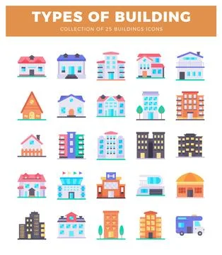 Flat design building icons arranged in a grid Ilustração Stock