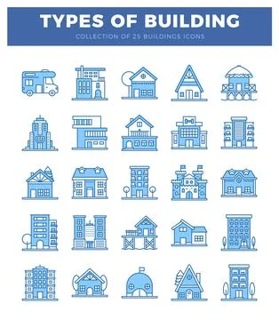 Flat design building icons in blue line art style on white background. Ilustración de archivo