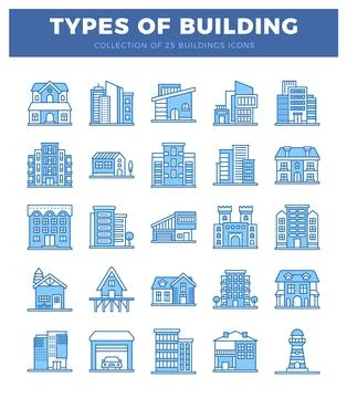 Flat design building icons in blue outline with white background. displayed.. Ilustración de archivo