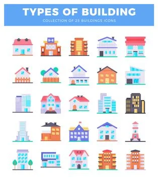 Flat design building icons collage on white background Stock Illustration