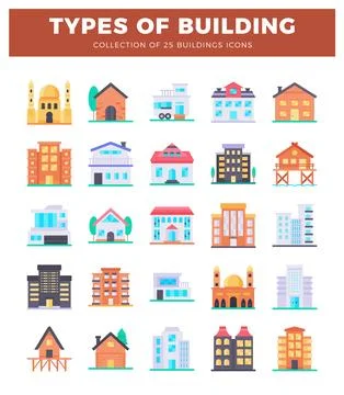 Flat design building icons collection in a grid layout. Various architectur.. Ilustración de archivo