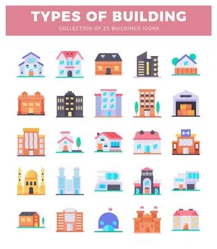 Flat design building icons collection for architecture and city planning Ilustración de archivo