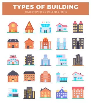 Flat design building icons collection with assorted architectural styles an.. Ilustración de archivo