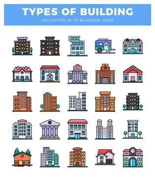 Flat design building icons collection with diverse architectural styles on .. Ilustración de archivo