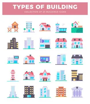 Flat design building icons collection displayed on a white background Ilustración de archivo