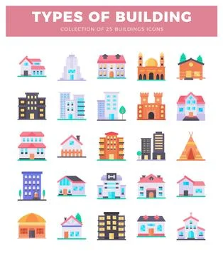 Flat design building icons collection in a grid layout. Ilustración de archivo