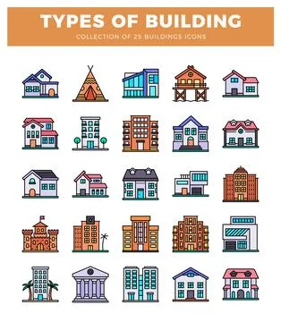 Flat design building icons collection on white background Ilustración de archivo