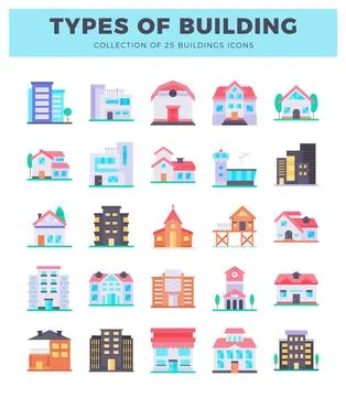 Flat design building icons collection on white background. Stock Illustration