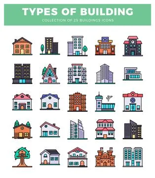 Flat design building icons collection for real estate business. Ilustración de archivo