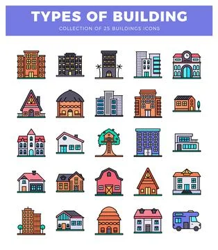Flat design building icons collection on white background. Ilustración de archivo