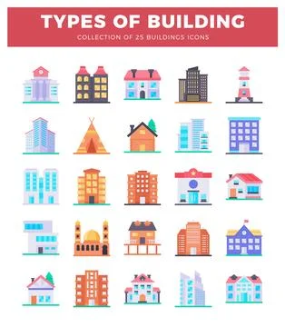Flat design building icons. diverse architecture types. modern and traditio.. Ilustración de archivo
