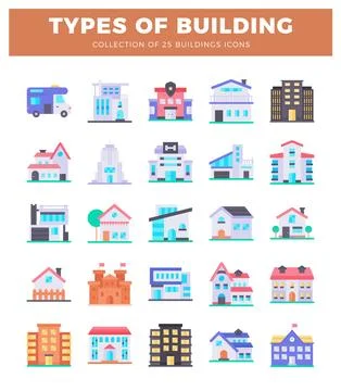 A flat design building icons in a grid layout on a white background Ilustración de archivo