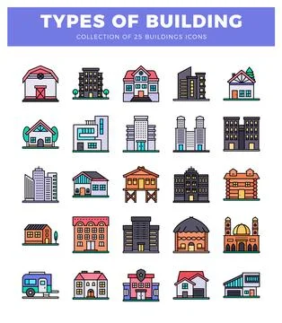 Flat design building icons in a grid layout. Variety of residential. commer.. Ilustración de archivo