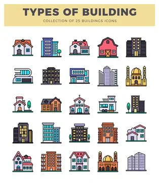 Flat design building icons in a grid layout with various architectural styl.. Ilustración de archivo