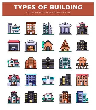 Flat design building icons for real estate and construction projects. Ilustración de archivo