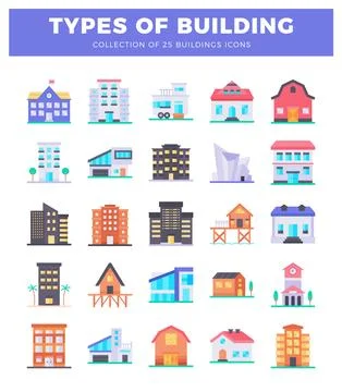 Flat design building icons set on white background. Ilustración de archivo