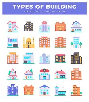 Flat design building icons in various styles and colors on a white background Ilustración de archivo