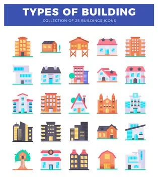 Flat design building icons with various architectural styles on a white bac.. Ilustración de archivo