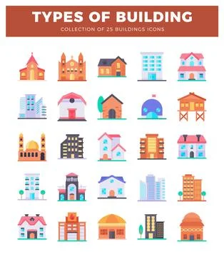Flat design building icons with various architectural styles on a white bac.. Ilustración de archivo