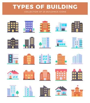 Flat design building icons in various architectural styles. presented on a .. Stockillustratie