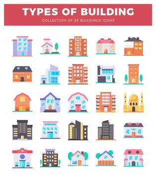 Flat design building icons in various styles and colors on a white background Ilustración de archivo