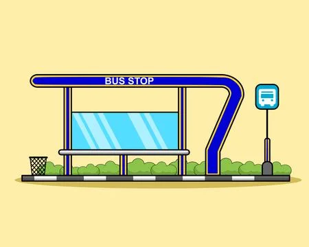 Flat Design Bus Stop with Sign and Shelter Vector Illustration Cartoon Stock Illustration