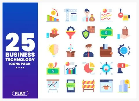 Flat design business and technology icons pack on white background. Stock Illustration