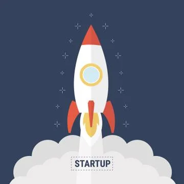 Flat design business startup launch concept with rocket icon Stock Illustration