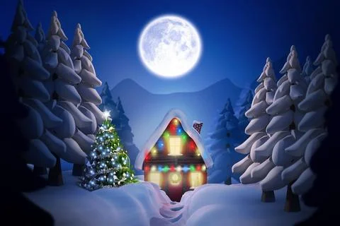 Flat design cabin is glowing with lights in snowy clearing under full moon, lit Illustrazione stock