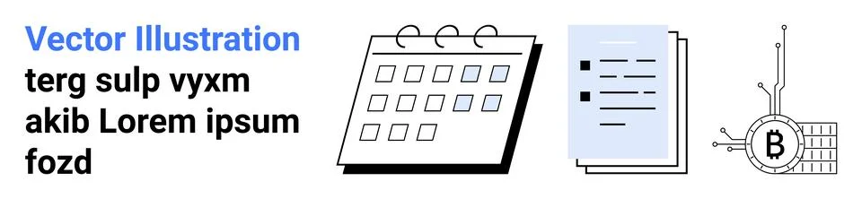 Flat Design Calendar, Documents, and Cryptocurrency Elements Stock Illustration