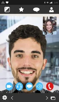 Flat design call interface showing smiling Hispanic man and inset woman with Stock Photos
