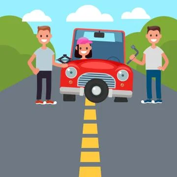 Flat Design Car Driving Characters. Car sharing. flat tire change. Vector Illustrazione stock