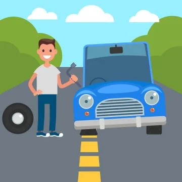 Flat Design Car Driving Characters. Car sharing. flat tire change. Vector Illustrazione stock
