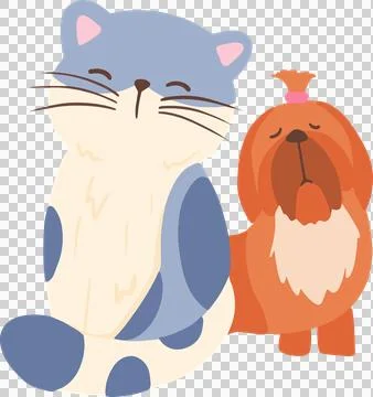 Flat design cartoon cat and dog are sitting side by side on transparent Stock Illustration